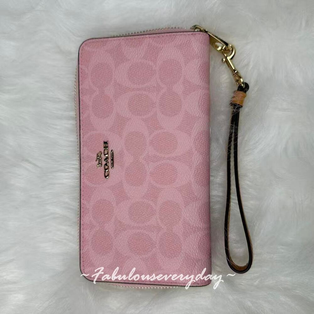 Coach Long Zip Around Wallet in Signature Canvas Gold/Powder Pink CEC20 NWT